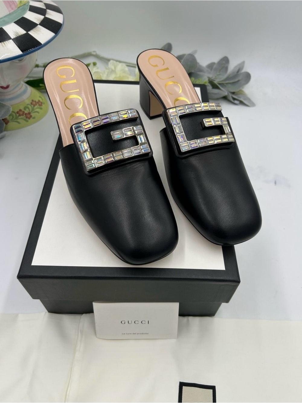 Women’s Gucci MADEYLN Leather, crystal mules size 40.5 made in Italy